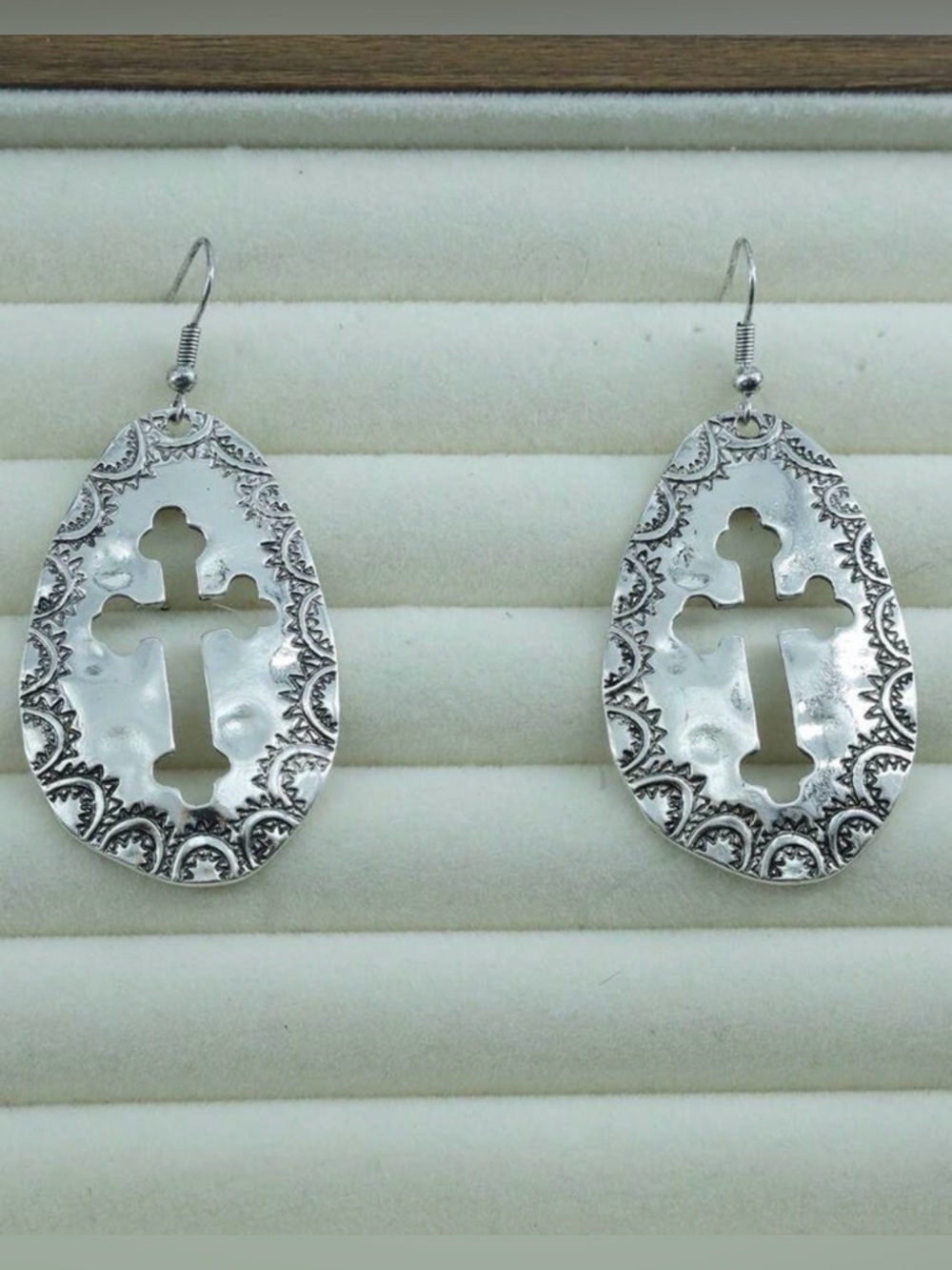 Silver Cross Cutout Teardrop Dangle Earrings